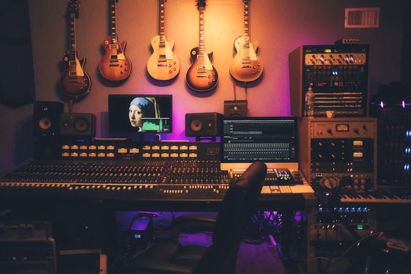 professional podcast recording studio with music equipment